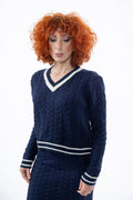 Navy Πλεκτό V-Neck με Πλεξούδα