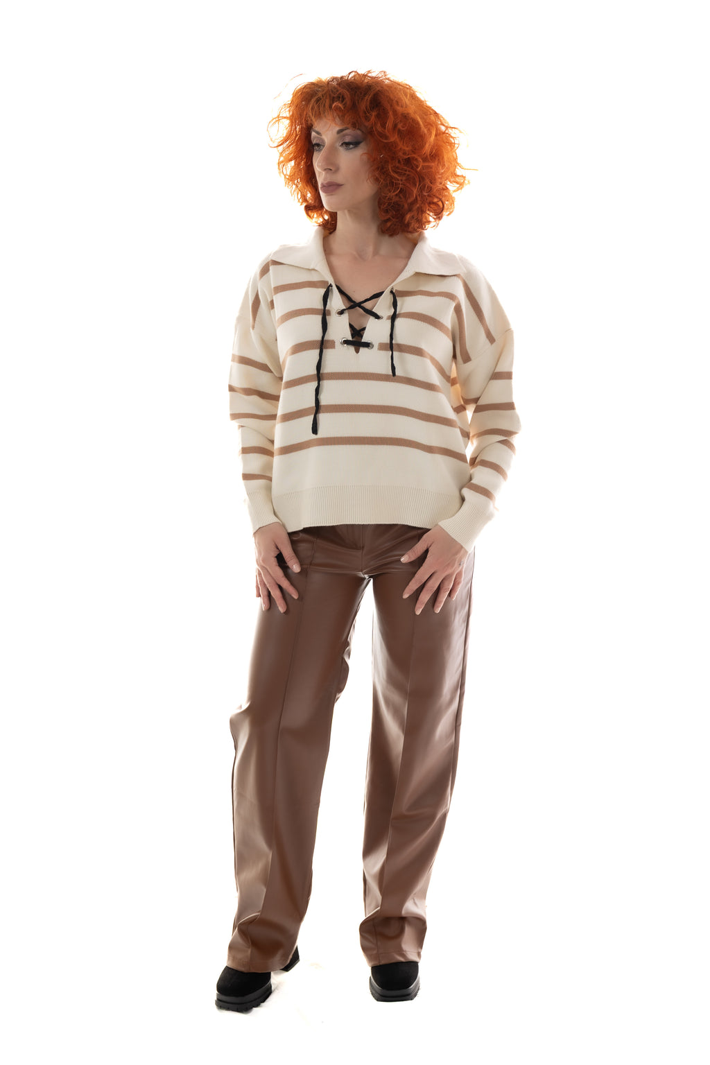 Εκρού Ριγέ Πλεκτό με Κορδόνια One Size