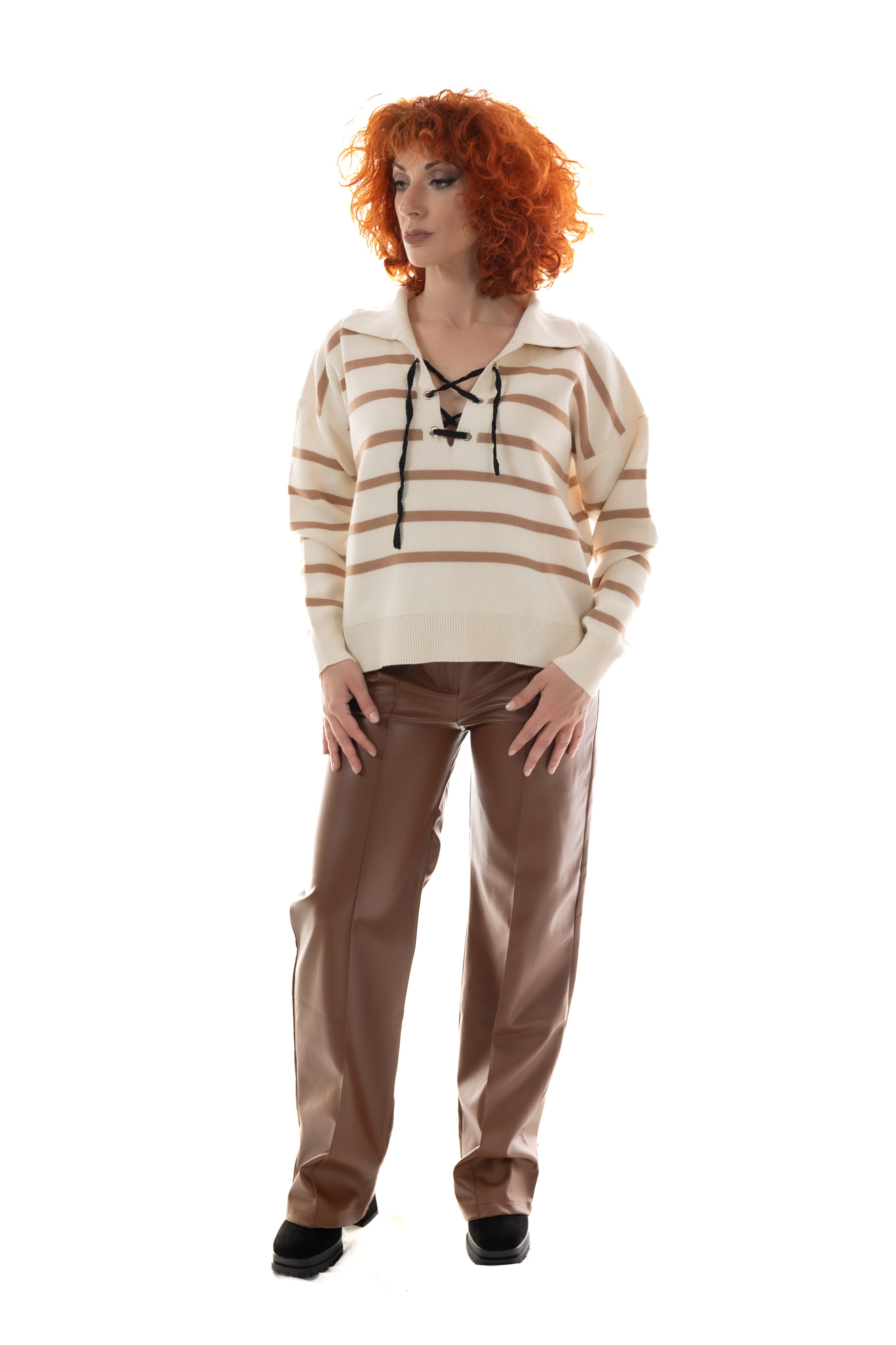 Εκρού Ριγέ Πλεκτό με Κορδόνια One Size