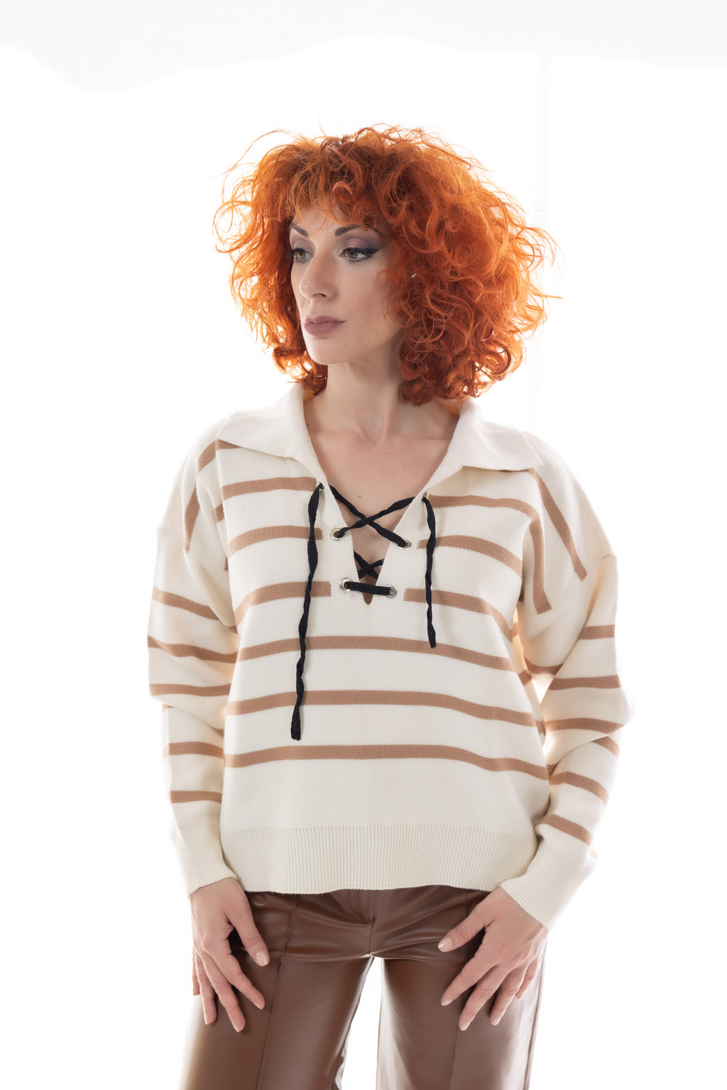 Εκρού Ριγέ Πλεκτό με Κορδόνια One Size