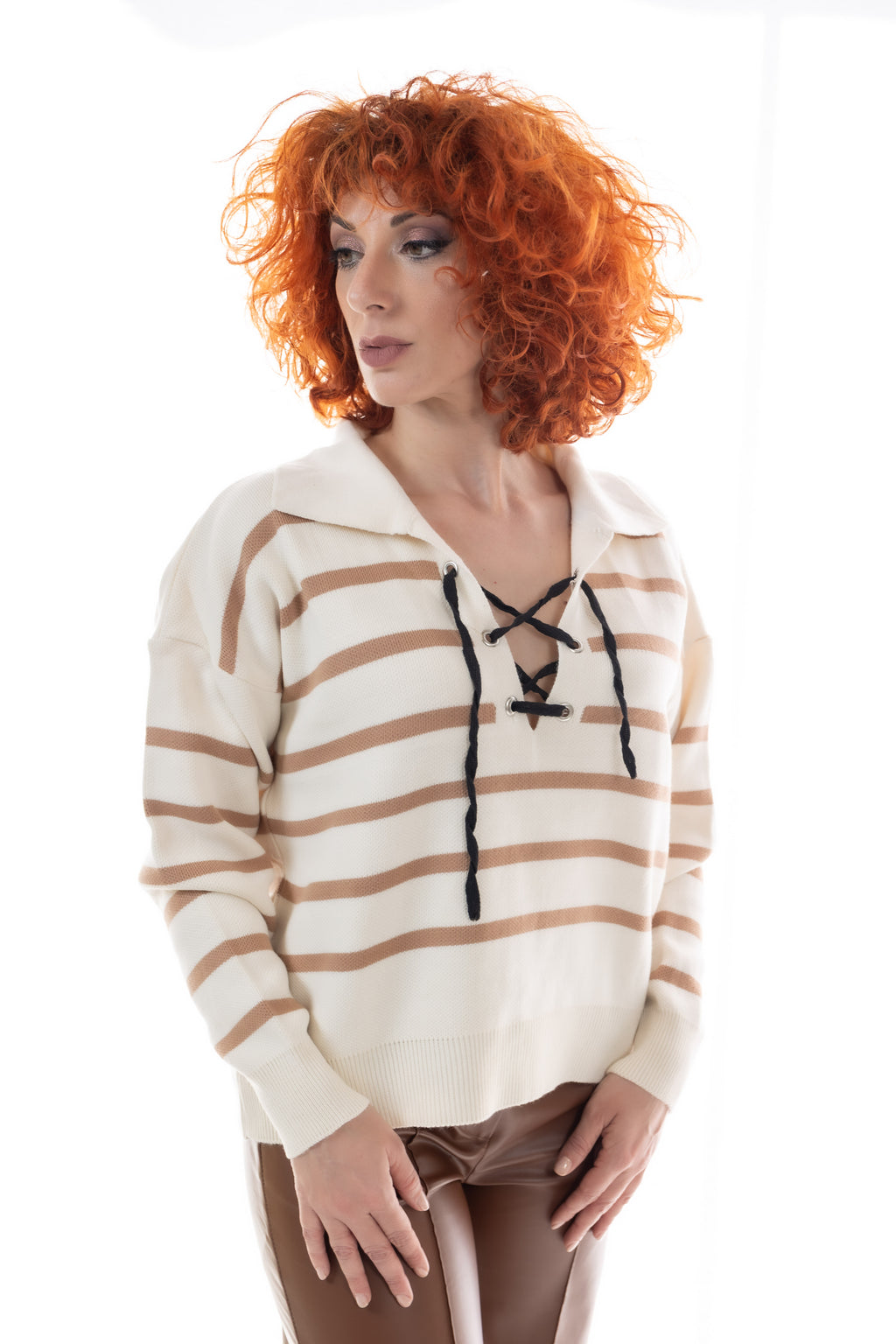 Εκρού Ριγέ Πλεκτό με Κορδόνια One Size