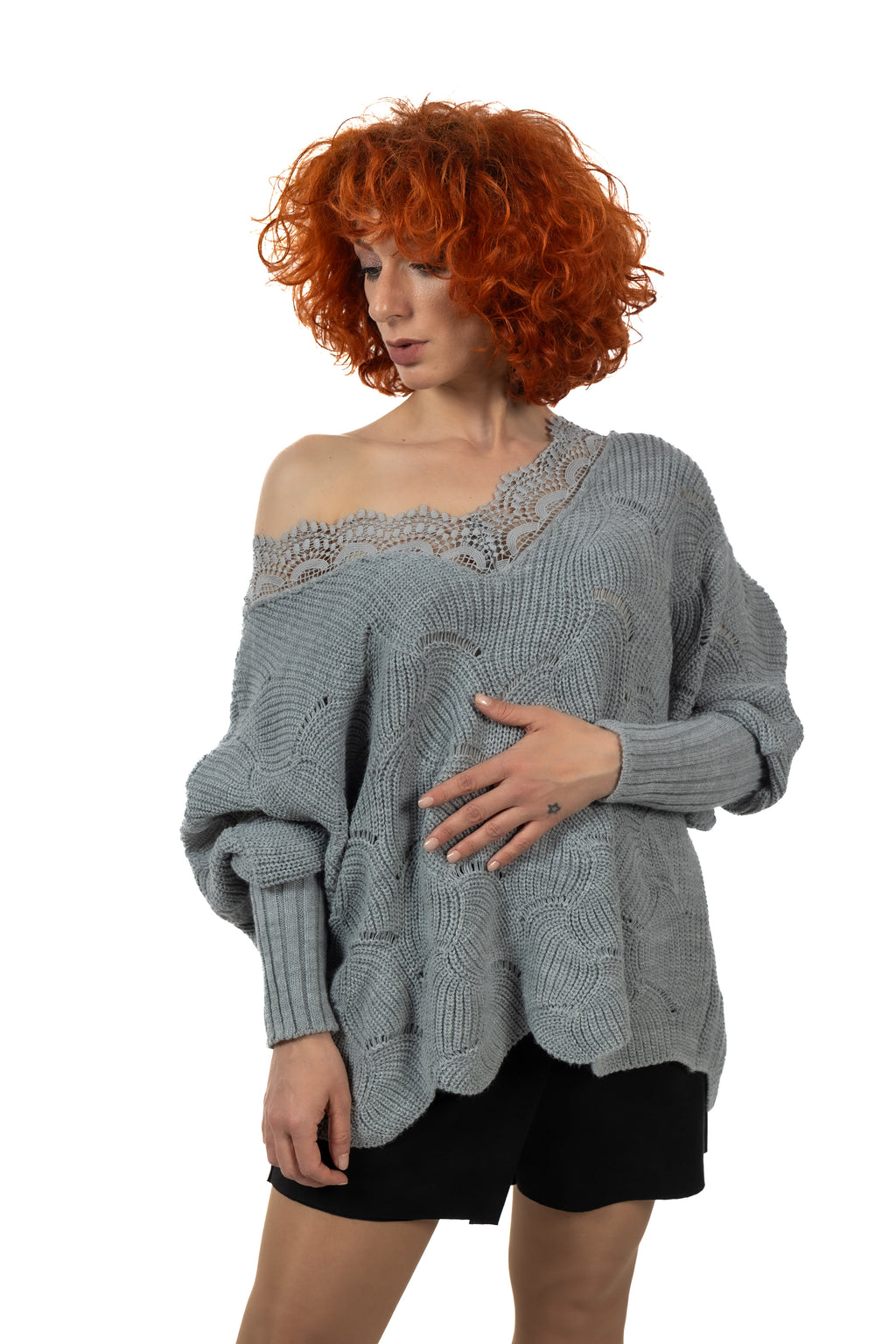 Signature Oversized Πλεκτό One Size με Δαντέλα