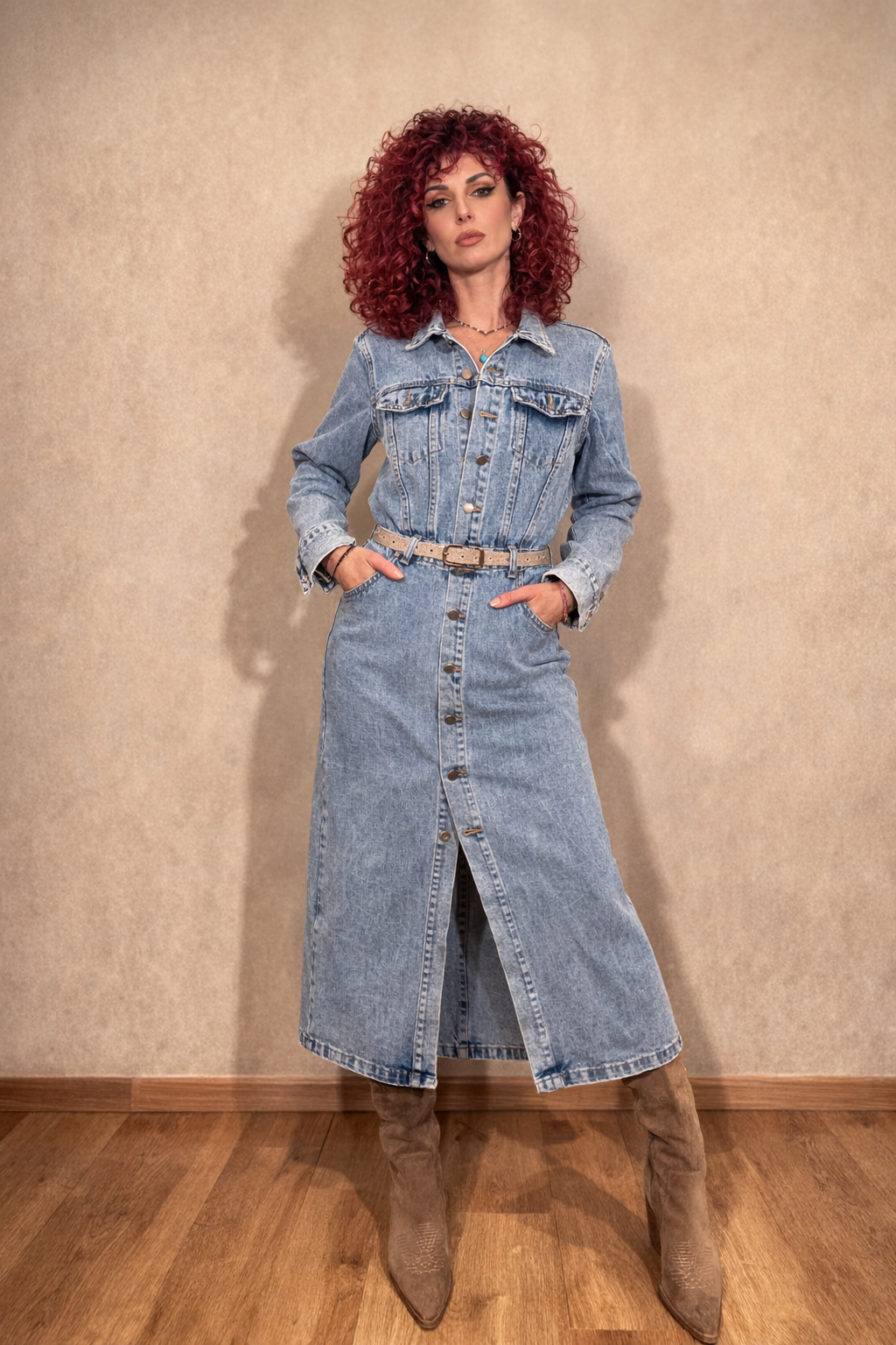 Γυναικείο τζιν μίντι φόρεμα με κουμπιά και μακρύ μανίκι σε denim ύφασμα