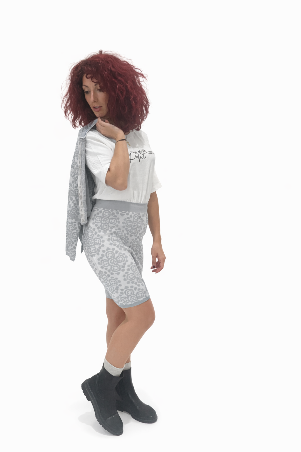 Γκρι Ελαστικό Σετ με Ζακέτα & Φούστα