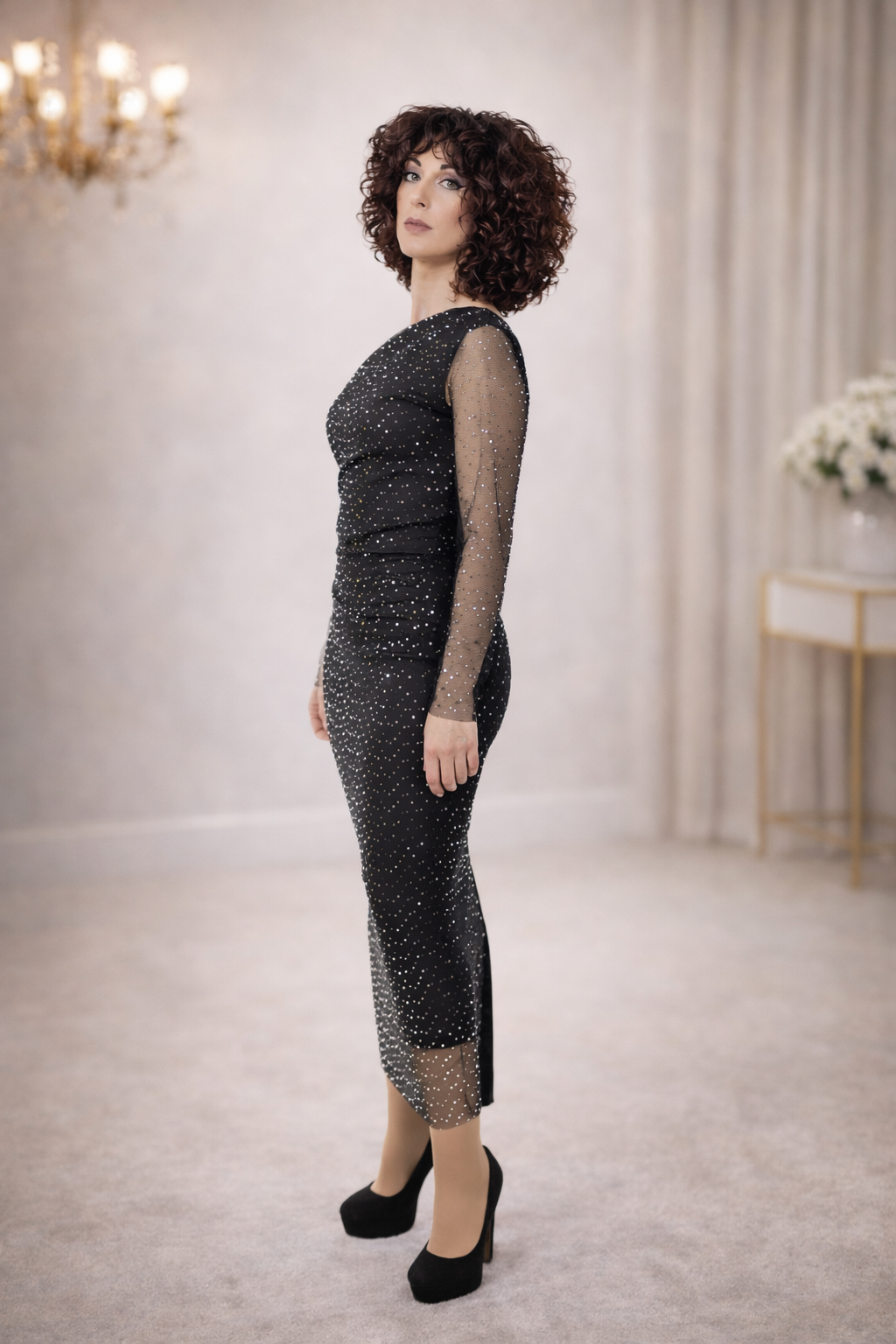 Off Shoulder Midi Φόρεμα Με Στρας