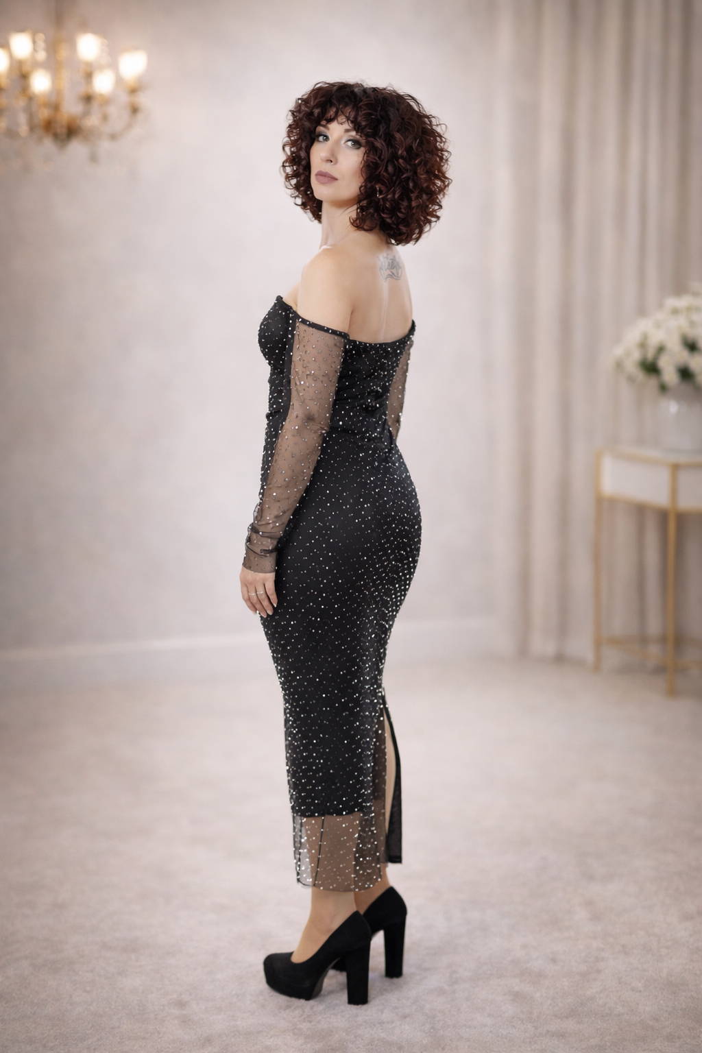 Off Shoulder Midi Φόρεμα Με Στρας