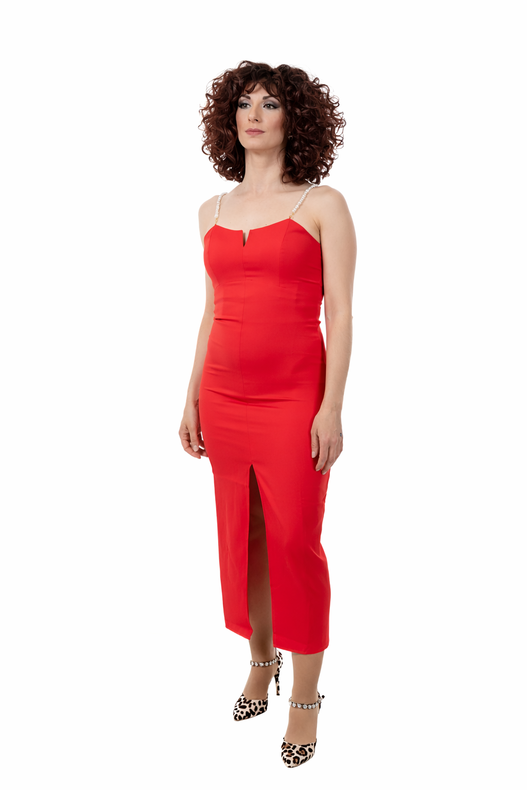 Βραδινό Midi Φόρεμα Με Περλές Τιράντες