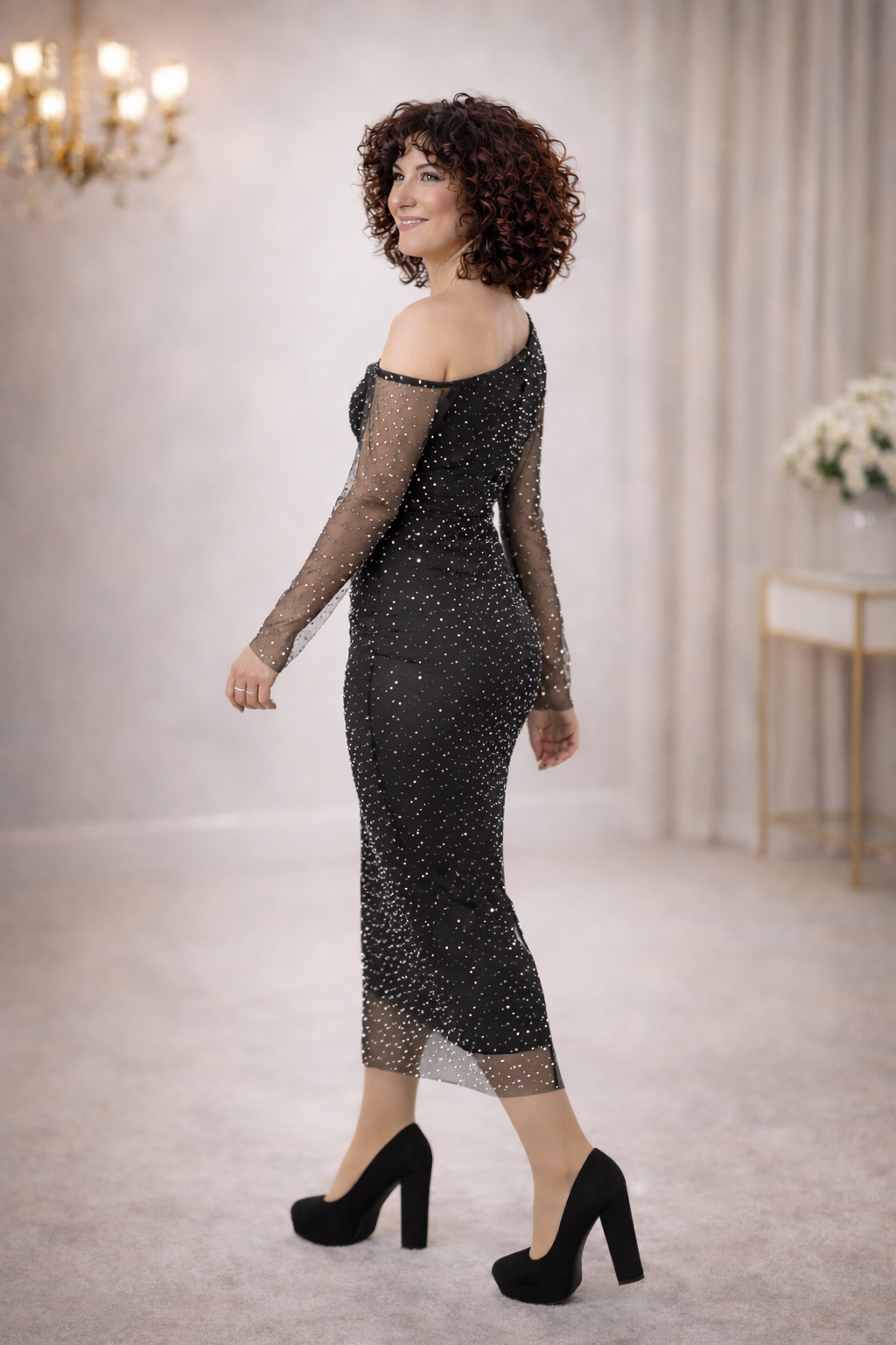 Off Shoulder Midi Φόρεμα Με Στρας